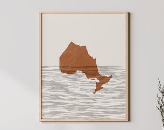 Stampa Ontario - Arte murale e decorazione Boho Ontario, poster di viaggio Canada, silhouette della mappa della provincia di Ontario, idea regalo canadese