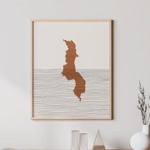 Impresión de Malawi: arte de pared y decoración boho de Malawi, póster de viaje por el país, silueta de mapa de Malawi e idea de regalo