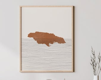Impressão da Jamaica - Arte e decoração de parede Boho Jamaica, pôster de viagens pelo país, silhueta do mapa da Jamaica e ideia de presente