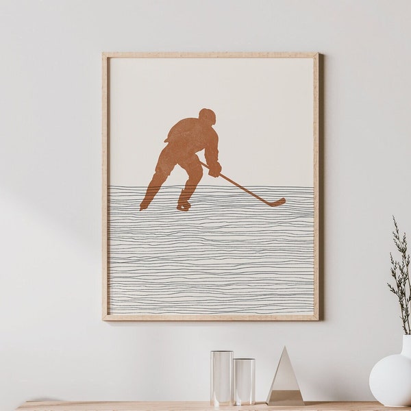 Boho Hockey Player Print - Hockey Player Wall Art / Decor, Minimalist Ice Hockey Poster, Boy Hockey Player Illustration, Teammate Gift