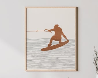 Impresión de wakeboard boho: arte de pared o decoración de wakeboard, póster minimalista, ilustración de wakeboard