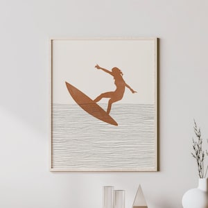 Boho Surfer Girl Print - Surfer Wall Art / Decor, Minimalist Poster, Surfing Girl llustration, Surf Print - Female Surfer