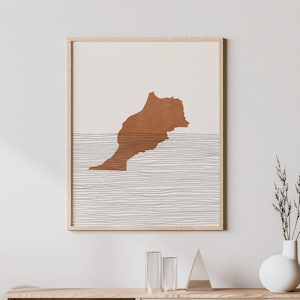 Impression du Maroc - Art mural et décoration bohèmes du Maroc, affiche de voyage dans le pays, silhouette de carte du Maroc et idée cadeau