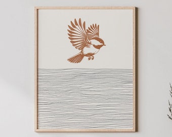Arte de carbonero - Impresión de pájaro carbonero - Decoración de estilo boho / Arte de pared minimalista, regalos de aves - Arte de pared de aves