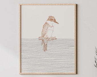 Kingfisher Art - Kingfisher Bird Print - Boho Style Decor / Minimalist Wall Art, Bird Gifts - Bird Wall Art