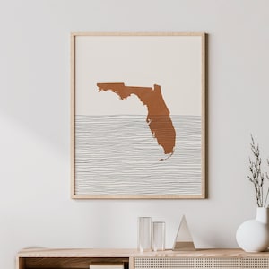 Decoração Boho da Flórida - Arte de parede de meados do século da Flórida, arte minimalista e impressão abstrata, impressão de mapa do estado da Flórida