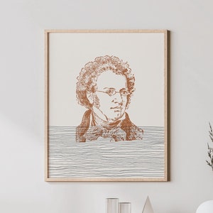 May include: A framed print of a line drawing of a man with curly hair wearing glasses. The drawing is in shades of brown and is set against a white background. The man's face is partially obscured by a series of horizontal lines.