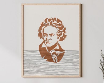 Arte mural de Beethoven: retrato de Ludwig van Beethoven, impresión minimalista de Beethoven: decoración musical bohemia