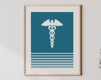 Caduceus Art - Doctor Print, Retro Colored Caduceus Poster, Caduceus Symbol Wall Decor, Medical Office Wall Art - Med Student Gift