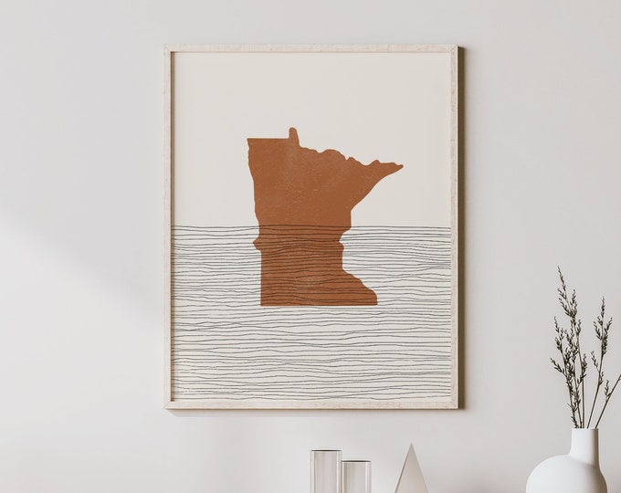 Boho Decor - Minnesota Mid Century Wall Art, Minimalist Art and Abstract Print, Minnesota State Map Print