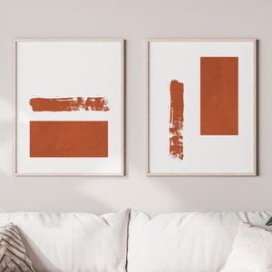 Abstrakte Gebrannte Orange Wandkunst - Minimalistische Japandi Wandkunst, Gebrannte Orange Schlafzimmer Wanddekoration - 2er Set Wandkunst