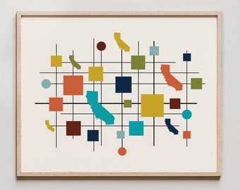 California Wall Art - Mid Century Modern California Print, Californian Artwork / Wall Decor - California Geometric Shape Grid