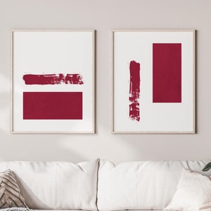 Abstract Burgundy Wall Art - Minimalist Japandi Wall Art, Burgundy Bedroom Wall Decor - Set of 2 Wall Art Prints