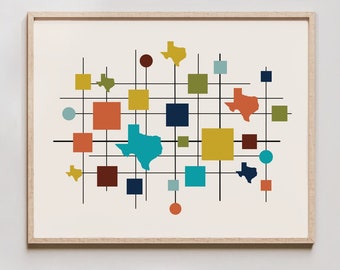 May include: Abstract art print featuring a geometric design of overlapping squares and circles in various colours, including blue, green, yellow, orange, and red. The design is centred around a repeated outline of the state of Texas.