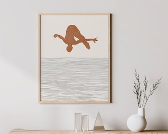 Boho-duikerafdruk - kunst aan de muur duiker/decor, minimalistische duikposter, jongen duiker illustratie, cadeau teamgenoot