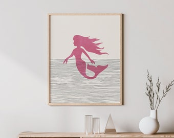 Boho Mermaid Print - Mermaid Wall Art / Decor, Minimalist Poster, Mermaid Illustration, Girls Room Decor, Birthday Gift Idea