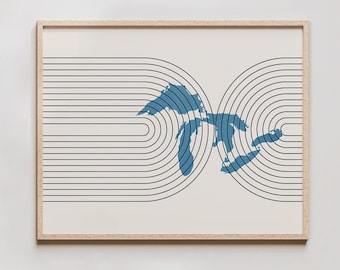 Great Lakes Print - Mid Century Modern Great Lakes Wall Art, Great Lakes Gift, Lake house decor and gift, lake silhouette