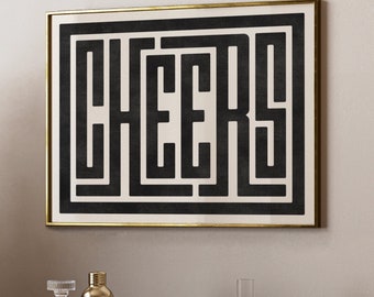 Cheers Print - Bar Cart / Cocktail Poster, Bar Wall Decor, Cheers Art - Minimalist Wall Art, Home Decor, Whiskey, Wine, or Beer Gift