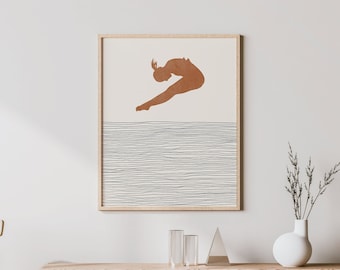 Bohoduikerprint - kunst aan de muur duiker / decor, minimalistische duikposter, illustratie meisje duiker, cadeau teamgenoot