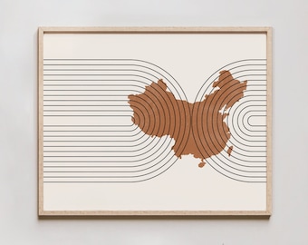 China Wall Art - Mid Century China Map, Retro China Wall Decor / Poster, Country of China Print