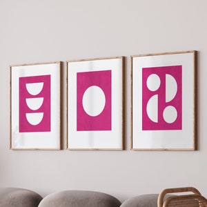 Fuschia Wall Art - Minimalist Geometric Prints - Mid Century Modern Wall Decor, Set of 3 Wall Art, Fuschia Home Decor