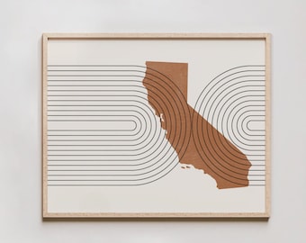 Mid Century Wall Art - Minimalist California Wall Art and Decor, Abstract Mid-Century Modern Prints, California State Map Print, Art Print