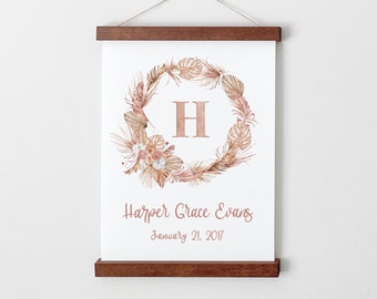 Letrero con nombre para guardería de niña: decoración personalizada para guardería de niña, arte de pared bohemio para guardería, letrero con nombre de bebé, lienzo para colgar