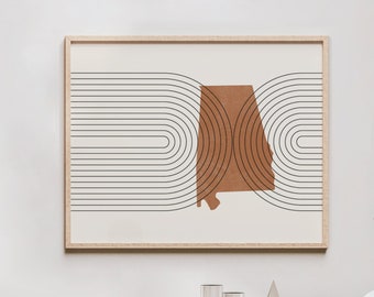 Arte mural de mediados de siglo: arte y decoración de pared minimalistas de Alabama, impresiones abstractas modernas de mediados de siglo, impresión del mapa del estado de Alabama, estado de Alabama