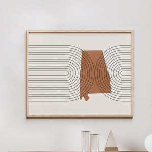 Art mural Mid-Century - Art mural minimaliste de l'Alabama et décoration, estampes abstraites modernes du milieu du siècle, impression de carte de l'État de l'Alabama, État de l'Alabama