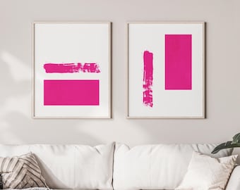Abstrakte Hot Pink Wandkunst - Minimalistische Japandi Wandkunst, Pink Schlafzimmer Wanddekoration - 2er Set Wandkunst