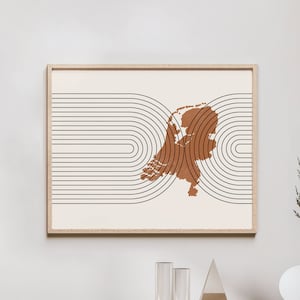 Art mural des Pays-Bas - carte des Pays-Bas du milieu du siècle, décoration murale / affiche rétro des Pays-Bas, impression du pays des Pays-Bas