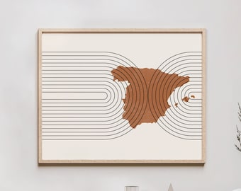 Spanien Wand Kunst - Mid Century Spanien Karte, Retro Spanien Wand Dekor / Poster, Land Spanien Druck