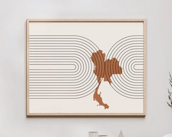 Thailand Wall Art - Mid Century Thailand Map, Retro Thailand Wall Decor / Poster, Country of Thailand Print