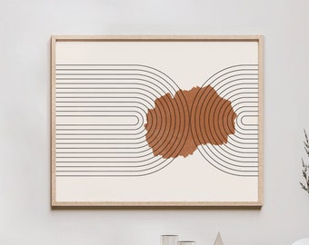 May include: Abstract art print with a brown and white color scheme. The print features a series of concentric circles in a rounded shape, creating a modern and minimalist design.