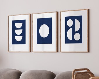 Navy Blue Wall Art - Minimalist Geometric Prints - Mid Century Modern Wall Decor, Set of 3 Wall Art, Navy Blue Home Decor