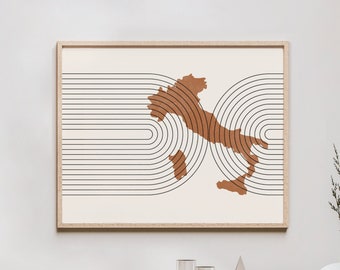 イタリアの壁アート - ミッドセンチュリーのイタリア地図、レトロなイタリアの壁飾り/ポスター、イタリアの国プリント