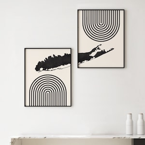 Long Island Art - Mid Century moderne Wandkunst - Minimalistische Long Island Wandkunst / Dekor, Long Island Karte - Druckset von 2, New York City Kunst
