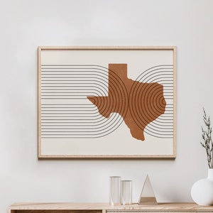 Mid Century Modern Wandkunst - Minimalistische Texas Wand Kunst und Dekor, Abstrakte Mid-Century Modern Prints, Karte des Bundesstaat Texas