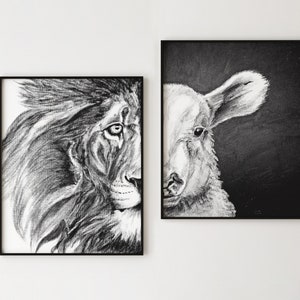 Lion and Lamb Art - Lion of Judah and Lamb of God Wall Art - Oil Pastel Reproduction Prints, John 1:29 Bible Verse, Print, Scripture Art