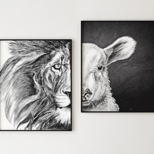 Pastor Gift, Gift for Priest - Lion and Lamb Drawings, gift for mentor or church staff - Lamb of God Print, Lion of Judah Art