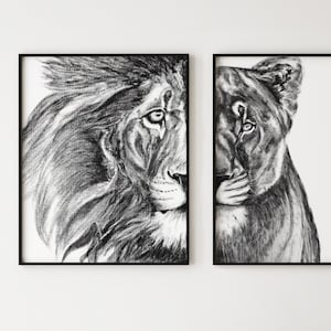 Lion Art (Set of 2) - Lion Head Oil Pastel Drawings - Lion and Lioness Art Prints, Hand-Drawn Lion Portraits, Lion Drawing, Lion Canvases