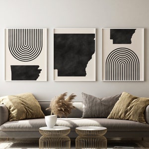 Arkansas Mid Century Modern Wall Art - Minimalist Arkansas Wall Art and Decor, Mid-Century Prints, State of Arkansas Map Print - Set of 3