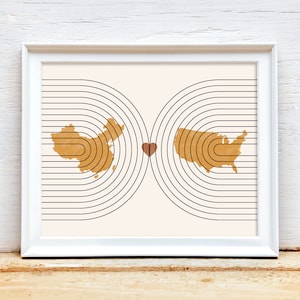 Impression amitié longue distance - carte personnalisée deux États ou deux pays - cadeau de déménagement pour ami, cadeau de départ, cadeau de Noël
