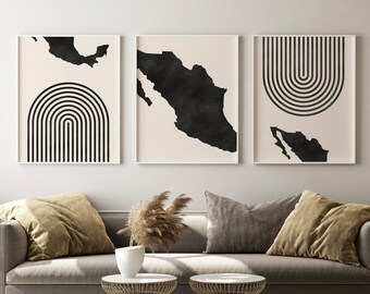 Mexico Mid Century Modern Wall Art - Minimalist Mexico Art and Wall Decor, Mexico Map Print - Set of 3