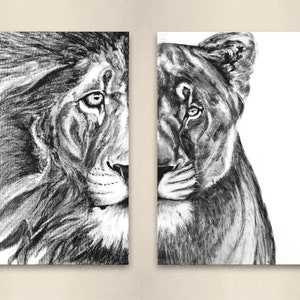 Lion and Lioness Art Prints, Hand-Drawn Lion Portraits, Lion Drawing, Lion Canvases - (Set of 2) - Lion Head Oil Pastel Drawings, Lion Art