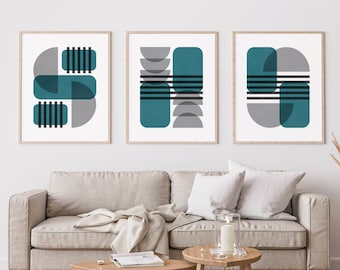 Minimalist Abstract Wall Art - Mid Century Modern Wall Decor, Set of 3 Wall Art, Wall Decor Bedroom, Teal Wall Art