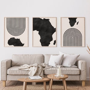 Africa Mid Century Modern Wall Art - Minimalist Africa Art and Wall Decor, Africa Map Print - Set of 3