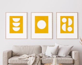 Contemporary Wall Art - Minimalist Wall Art, Geometric Prints - Abstract Art Set of 3 Prints, Mustard Yellow Wall Art