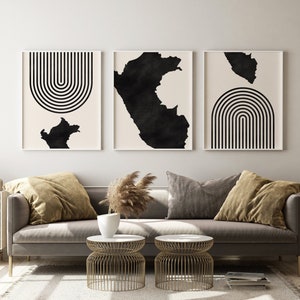 Arte de parede moderna do Peru de meados do século - Arte e decoração de parede minimalista do Peru, Impressão de mapa do Peru - Conjunto de 3