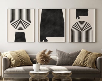 Arte mural moderno de Alabama de mediados de siglo: arte y decoración de pared minimalista de Alabama, impresiones de mediados de siglo, impresión de mapa del estado de Alabama, juego de 3